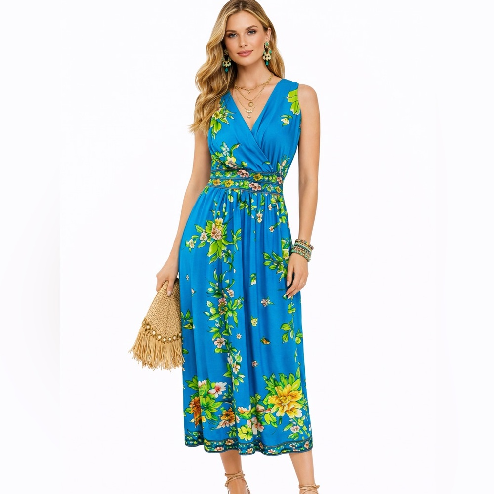 Vintage 60s bohemian Floral Blue sleeveless Maxi Dress Size 6 fit